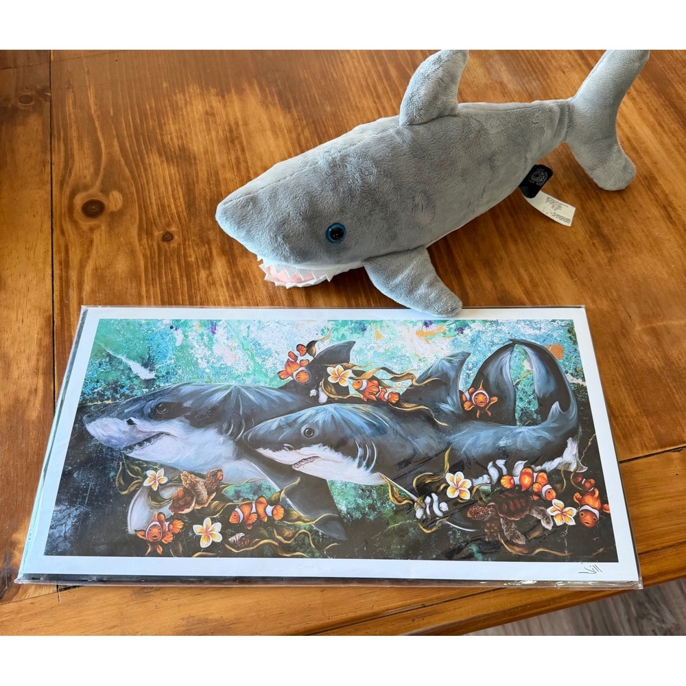 Jill Crowley Shark Art Print 8x16 Over The Hills And Far Away With Shark Plushie